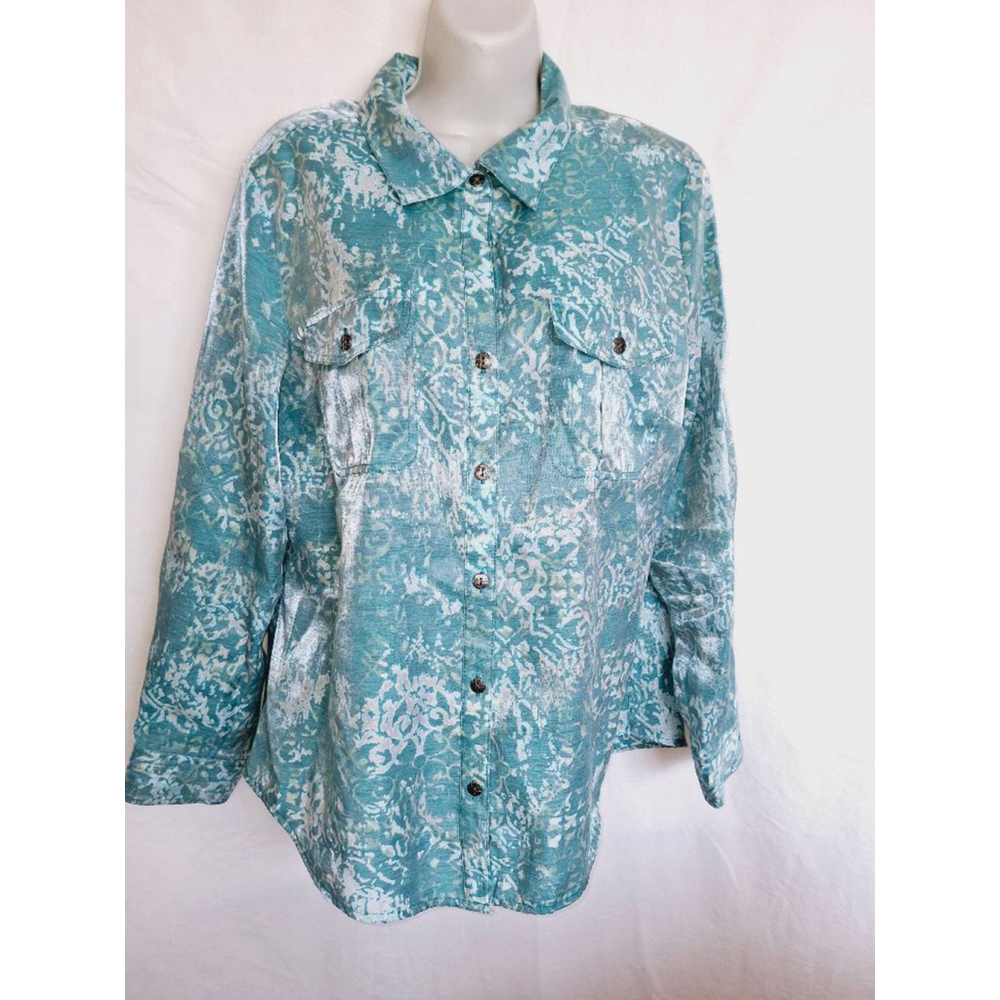 Lark Lane Button Down Shirt Size 14 Teal shimmer vintage rare top
